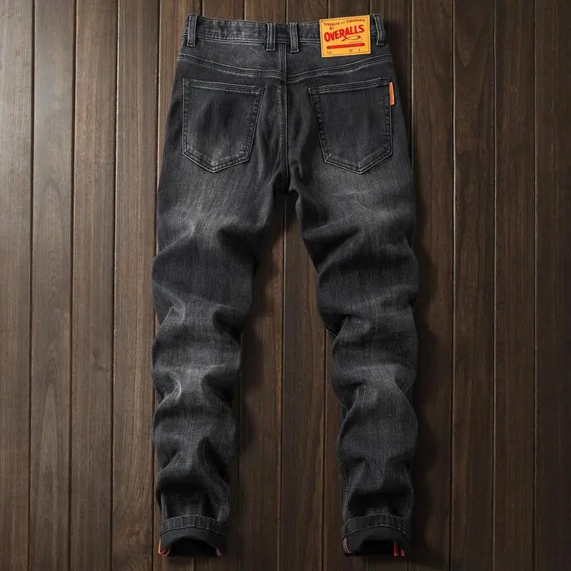 American retro-style slim-fit jeans for men, casual fashion pants with a straight cut and simple, versatile embroidery.