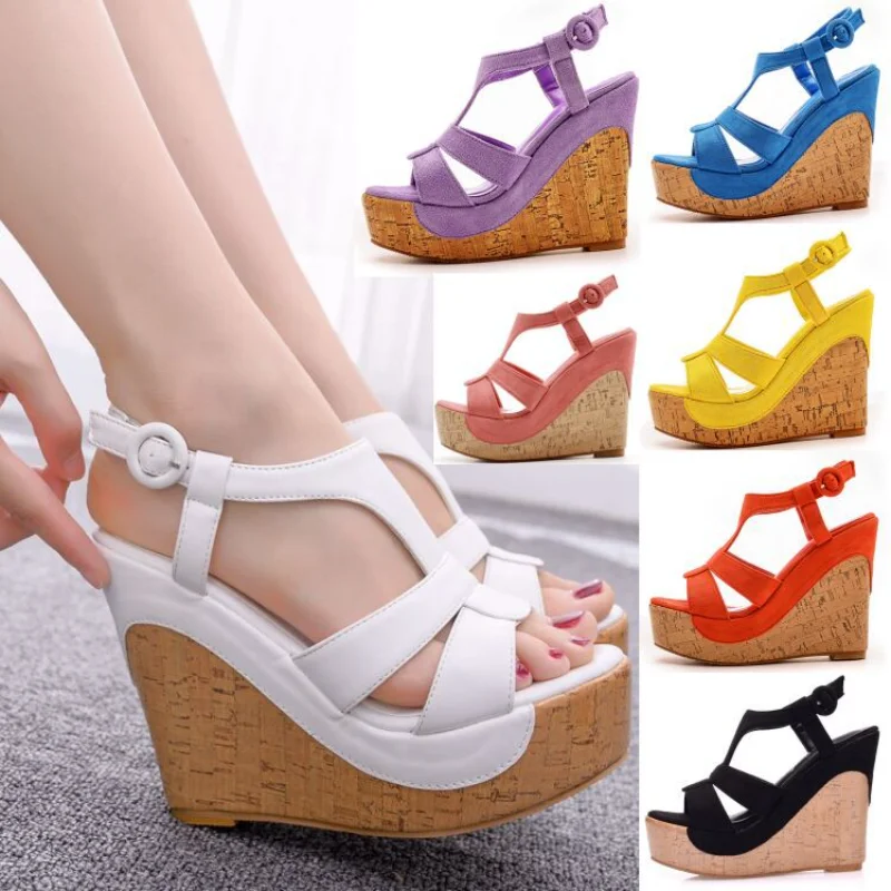 Platform Summer Shoes for Women Sandals Flock 12CM Wedges Buckle Strap Platform Dress Women\'s Shoes White Dancing Shoes