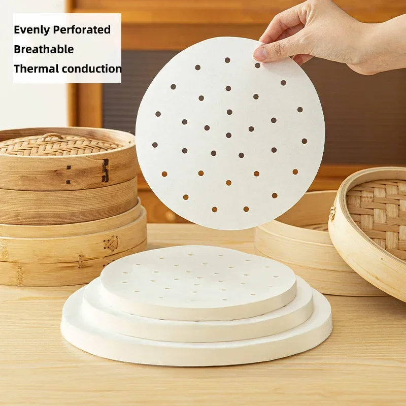 SHIMOYAMA 100/200PCS Round Steamer Paper Perforated Parchment Liners Bun Dumplings Non-Stick Steamer Mat for Air Fryer Cooking