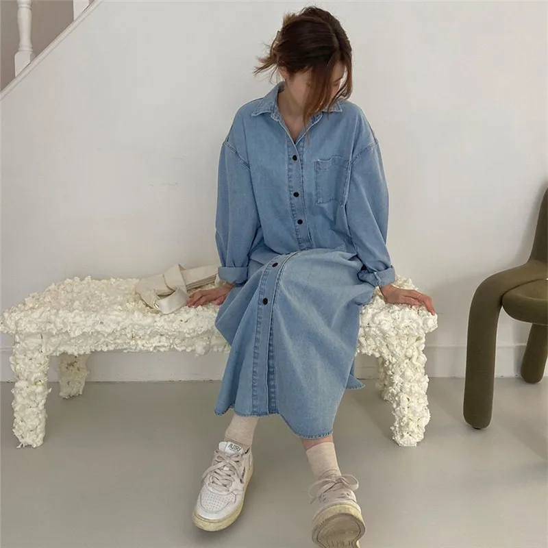 IHOBBY Women Long Denim Shirt Dress Korean Style Long Sleeve Single Breasted Jeans Shirt Outwear