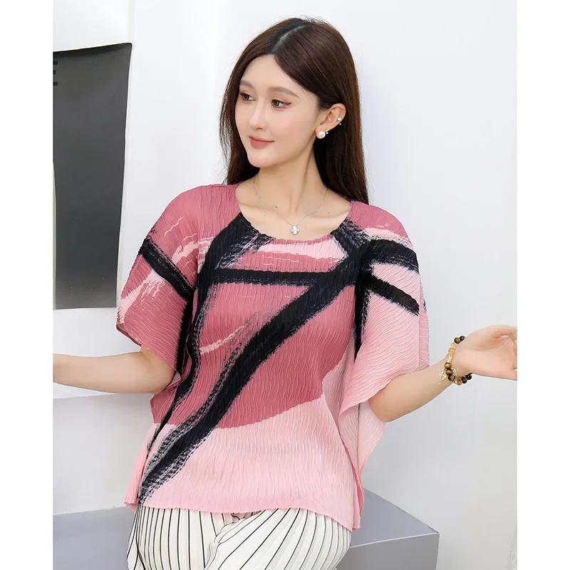 Miyake plissé à la mode multicolore contraste imprimé T-shirt été nouveau à manches courtes polyvalent Stretch minceur hauts femmes