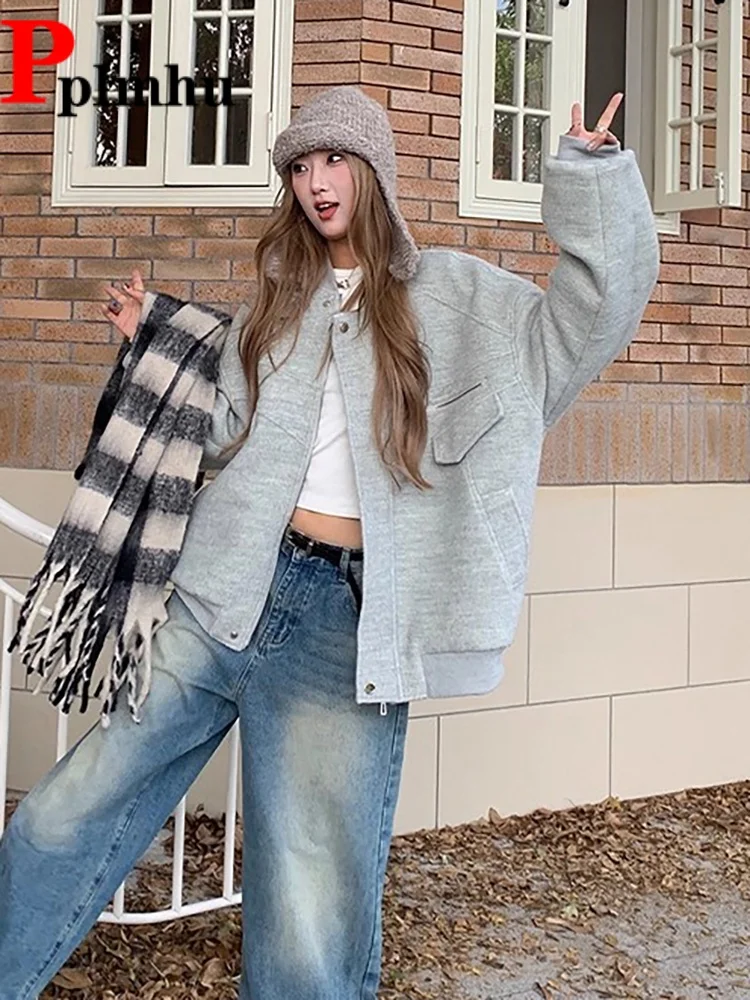 

Модные утолщенные шерстяные куртки, пальто, женские повседневные мешковатые куртки с воротником-стойкой на молнии, теплые винтажные куртки с длинными рукавами