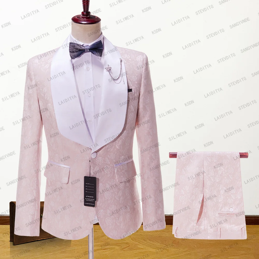 

Pink Floral Wedding Tuxedo for Groom 2 Pieces Slim Fit Men Suits with Satin Shawl Lapel Custom Male Fashion Costume Jacket Vest