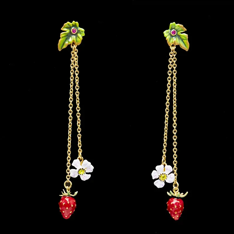 Fashion Cute Fairy Sweet Temperament Enamel Glaze Green Leaf Red Strawberry White Flower Tassel Long Earrings Ear Clip for Women