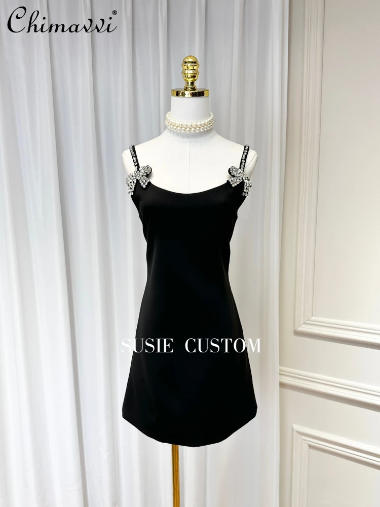 

French Temperament Commute Heavy Industry Beads Diamond Round Neck Half Sleeve High Waist Slim Elegant Black Evening Dress Women