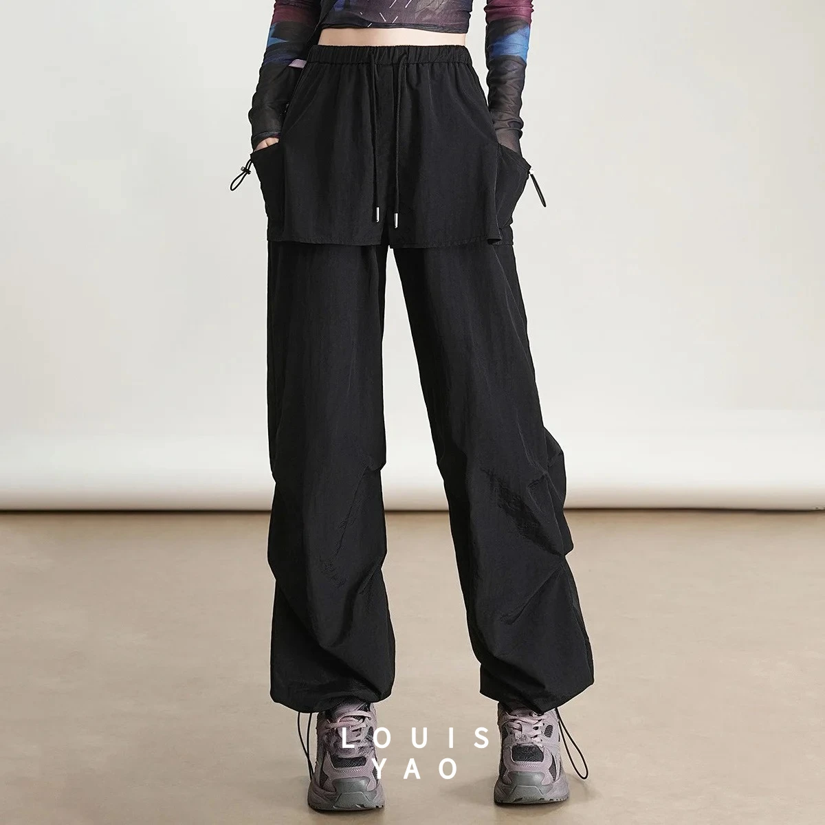 LOUISYAO Faux Two Piece Drawstring Workwear Pants Women 2025 Autumn Sweet Cool Style Pocket Casual Long Trousers New In 