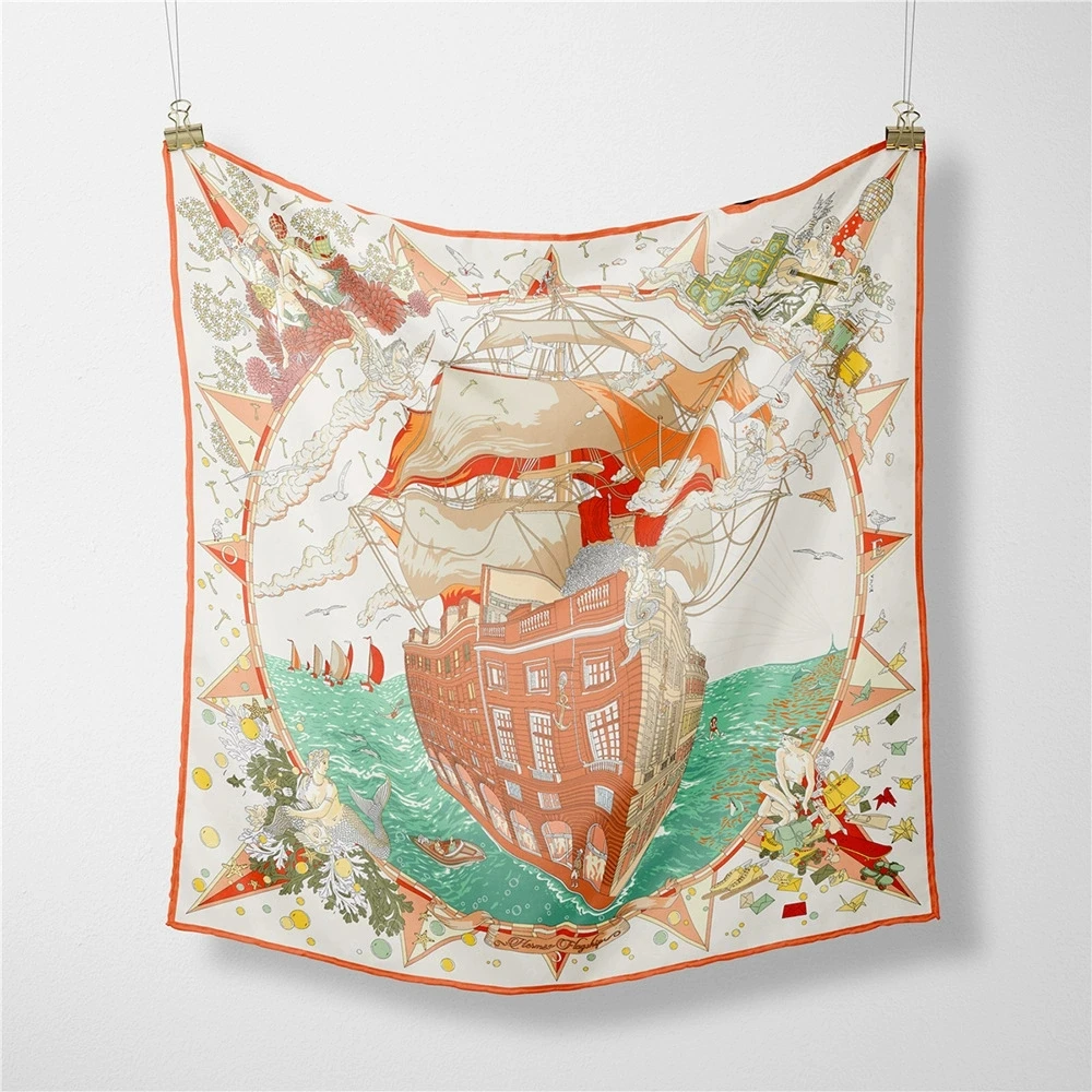 French 53cm New Dream Sailboat Women Twill Silk Scarf Versatile Decorative Square Necktie Small Scarf