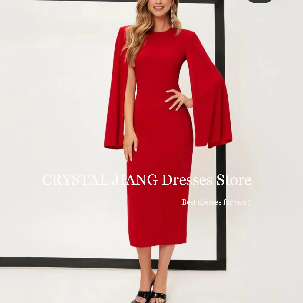 Sexy Short Red O Neck Crepe Evening Dresses Puffy Sleeves Mermaid Tea Length Vestidos De Fiesta Party Gowns for Women