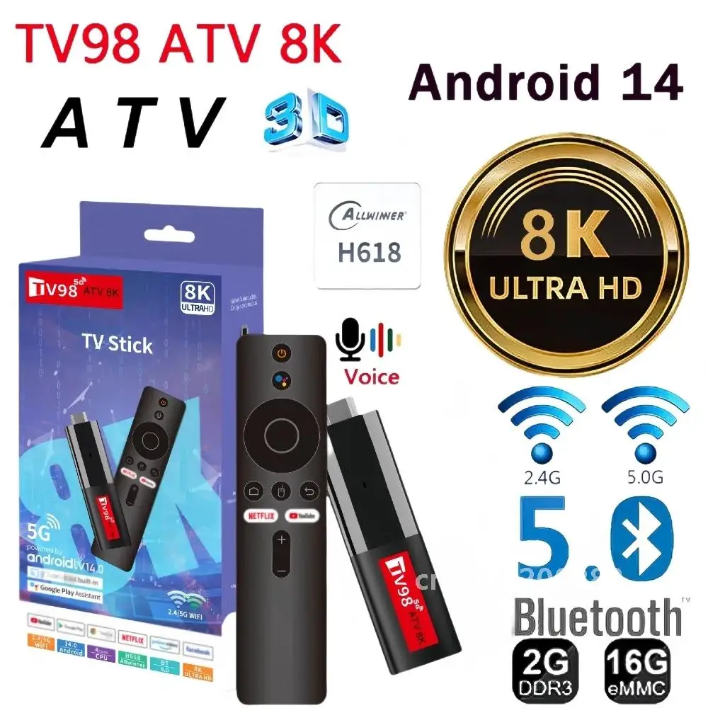 TV98 ATV Mini TV Stick Android 14 Allwinner H618 Quad Core Cortex A53 Suporte 8K Vídeo 4K Wifi6 BT5.0 Voz Remota Smart TV Box