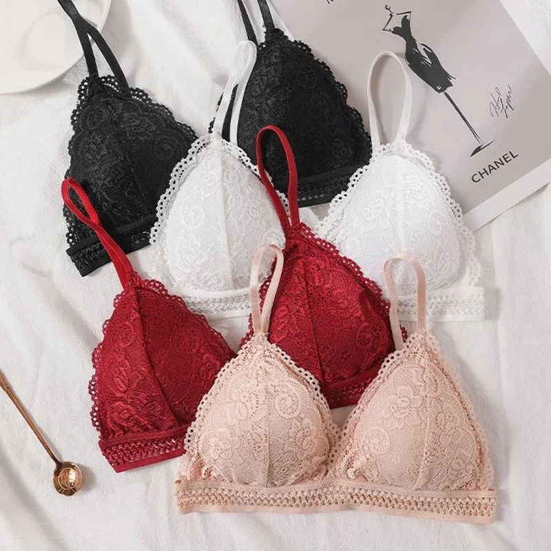 Embroidery Hollow Bra Women Sexy Lace Floral Push Up Underwear Seamless Soft Comfortable Thin Shoulder Strap Bralette Lingerie