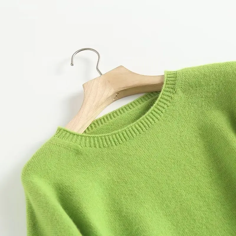 Maxdutti WInter Fashion Green Solid O-neck Pullovers Tops Sweaters Women
