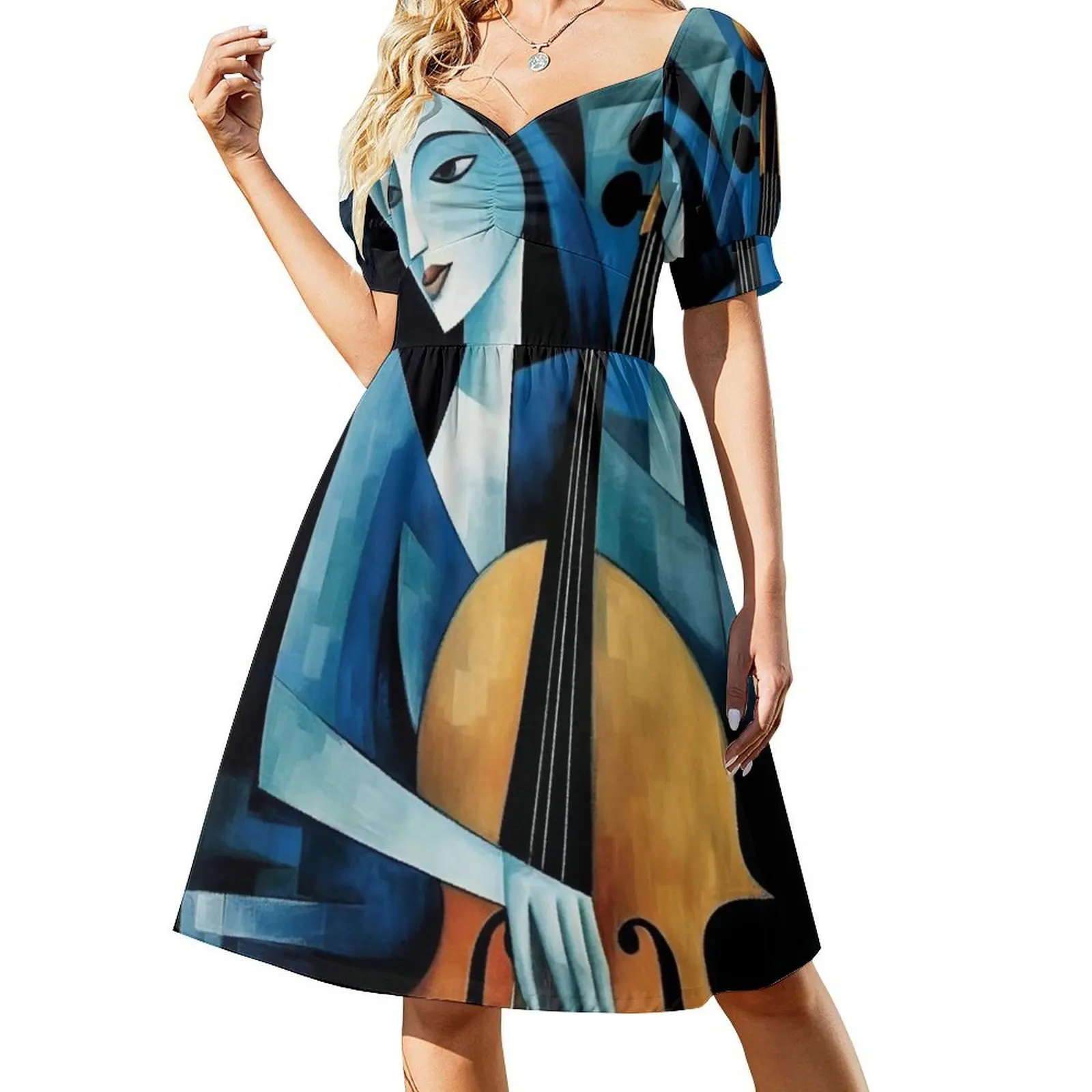 مكعب: فستان سيمفونيات زرقاء في الفن الحديث البوهيمي بدون أكمام للنساء مطبوع فساتين حفلات الشاطئ مكعب باللون الأزرق الفني #2