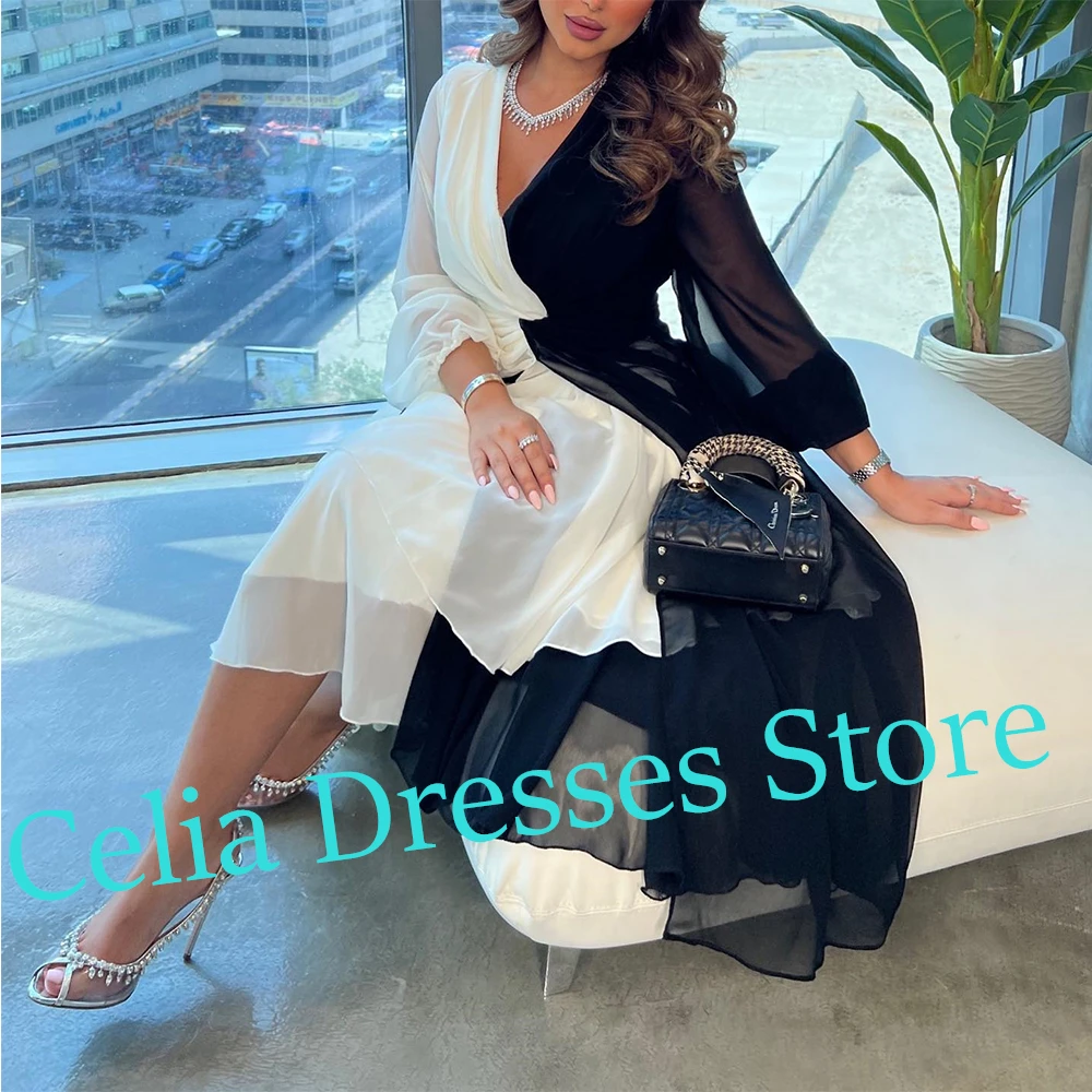 CustomizedClassic Photo Color pleats A-Line Evening Dress Simple Ankle Length V Neck Chiffon Long Sleeves Special Occasion Gowns