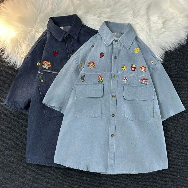 Summer new embroidered cartoon denim shirt for men and women loose fitting casual American retro short sleeved lapel couple top