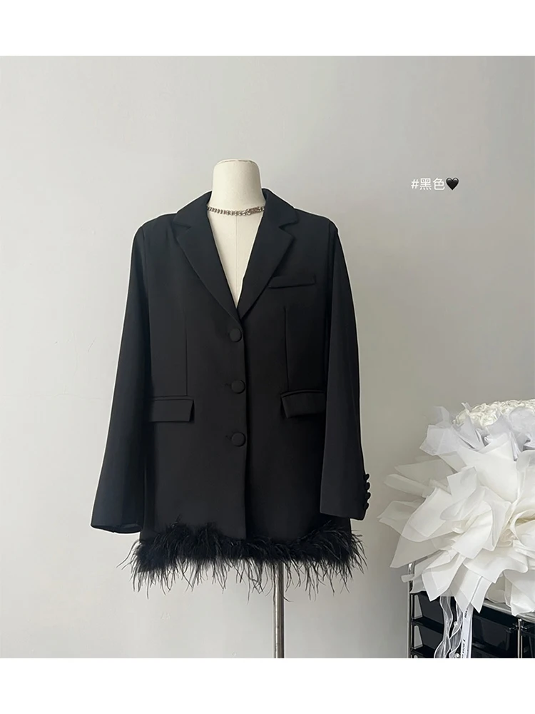 Formal Occasion Korean Fashion Long Sleeve Blazer Autumn Winter Lapel Collar Suit Jacket Feathers Spliced Office Lady Outerwear