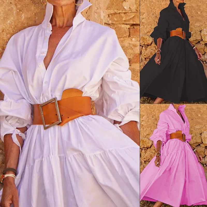 

2025 Autumn New Women's Clothing Solid Color Fashionable Temperament Long Sleeved Sleeve Lace Up Casual Mid Length Lapel Dress