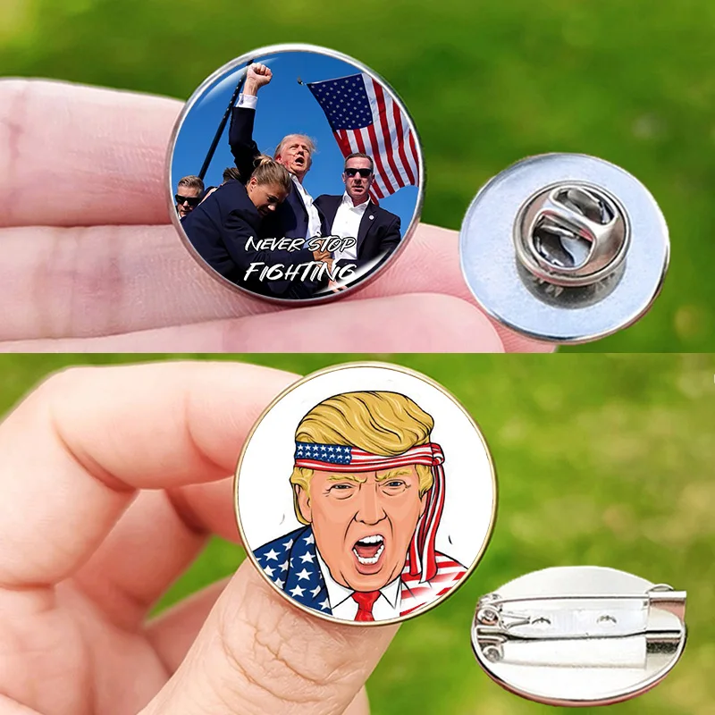 New 2024 Trump Badge Pin Never Stop Fighting Glass Cabochon America Flags Lapel Pins for Men Women Supporters Gift