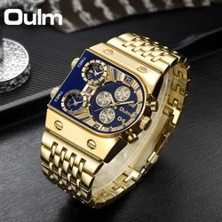 Fashion Oulm Unique Square Golden Quartz For Big Dial Sports Multi-time Zone Military Male Watches Waterproof Relogio Masculino