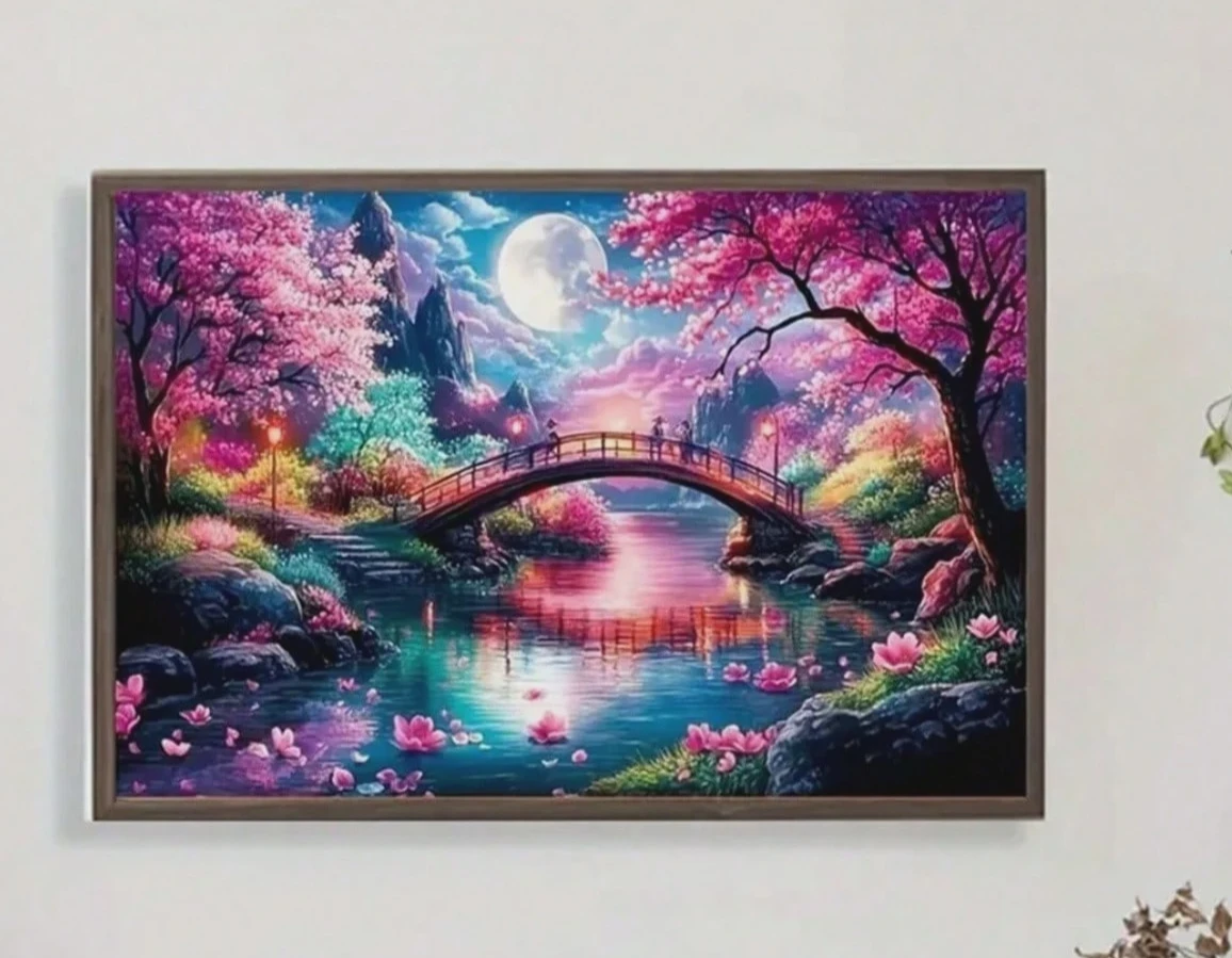 Diamond Painting Moonlit Oriental Scenery With Arch Bridge Cherry Blossoms & Lake Reflection Mosaic Handmade Art Gift Home Decor