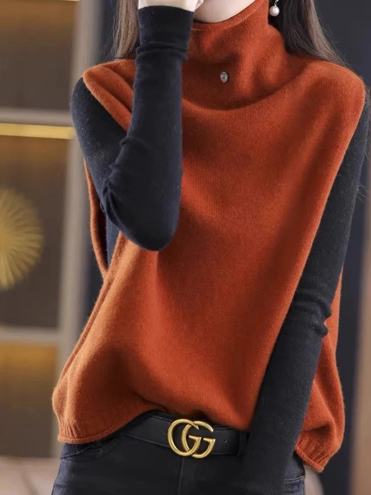 เสื้อกั๊กไหมพรมถักทรงหลวม สวมใส่สบาย อุ่นสบาย เหมาะสำหรับใส่ไปทำงาน แขนยาว คอสูง ชิ้นเดียว สำหรับฤดูใบไม้ร่วง ปี 2025  สี