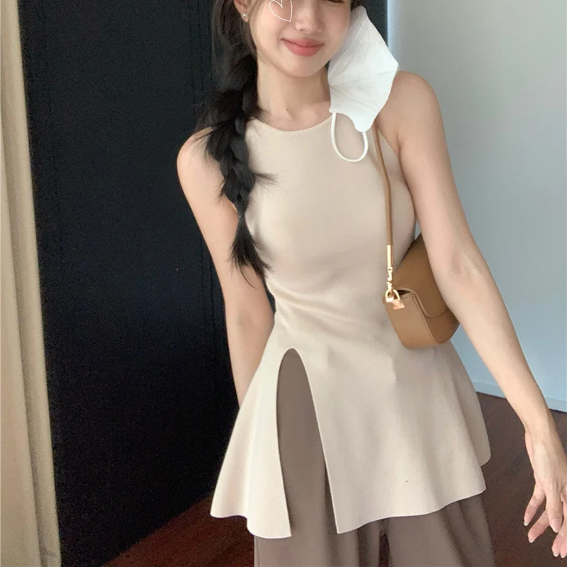 Haut Sexy Fendu pour Femme, Camisole, Blouse Fine, T-shirt Sans Manches, Design Précieux, Été