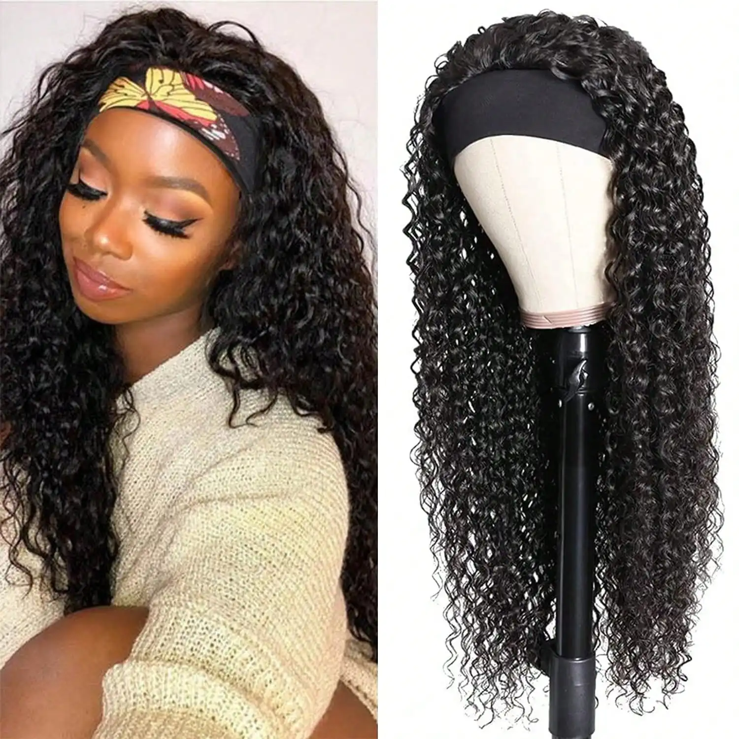 

18-дюймовый парик с глубокими волнами и повязкой на голову для чернокожих женщин, бесклеевые вьющиеся человеческие волосы, бразильские девственные парики без кружева спереди