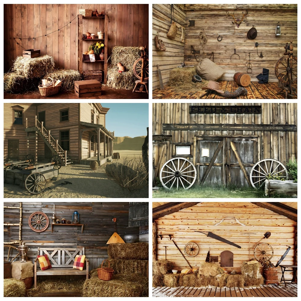 Western Cowboy Barn Farm Horse Photography Backdrop Haystack Wood House Door Birthday Party Decor Background Photo Studio Props