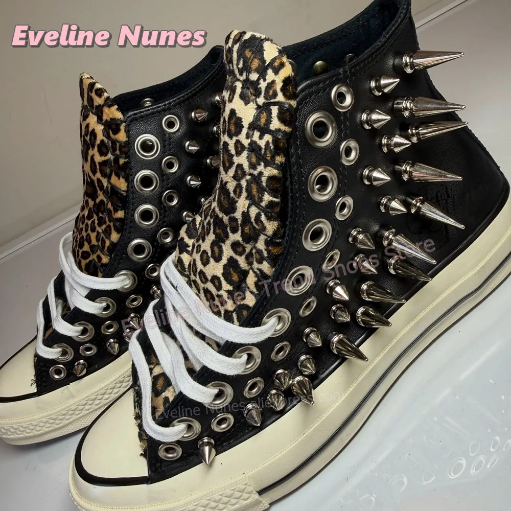 Women Leopard Studded Knee High Boots Punk Lace Up Canvas Boots Metal Spike Decor Gothic Rock Stage Cosplay Street Footwear 2026