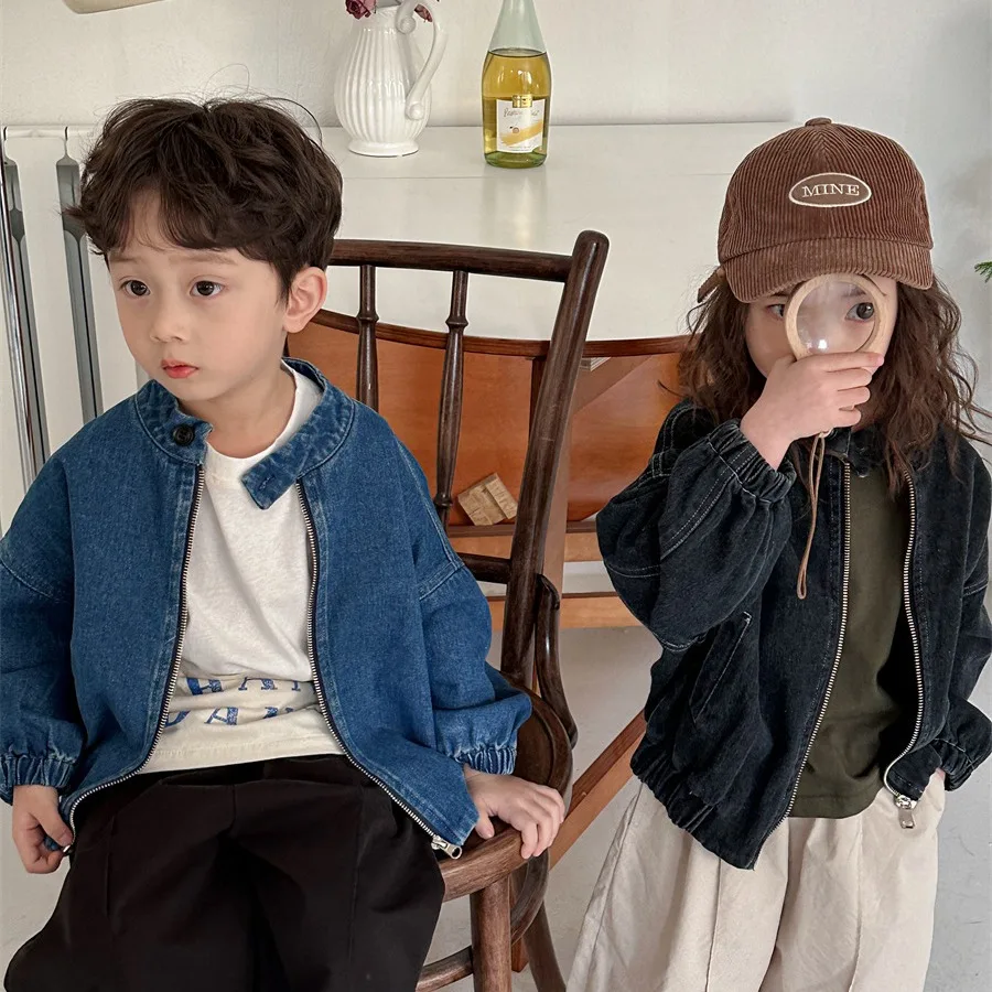 2025 Children's Spring and Autumn Locomotive Style Denim Jacket Boys and Girls Versatile Top Fashionable Jacket