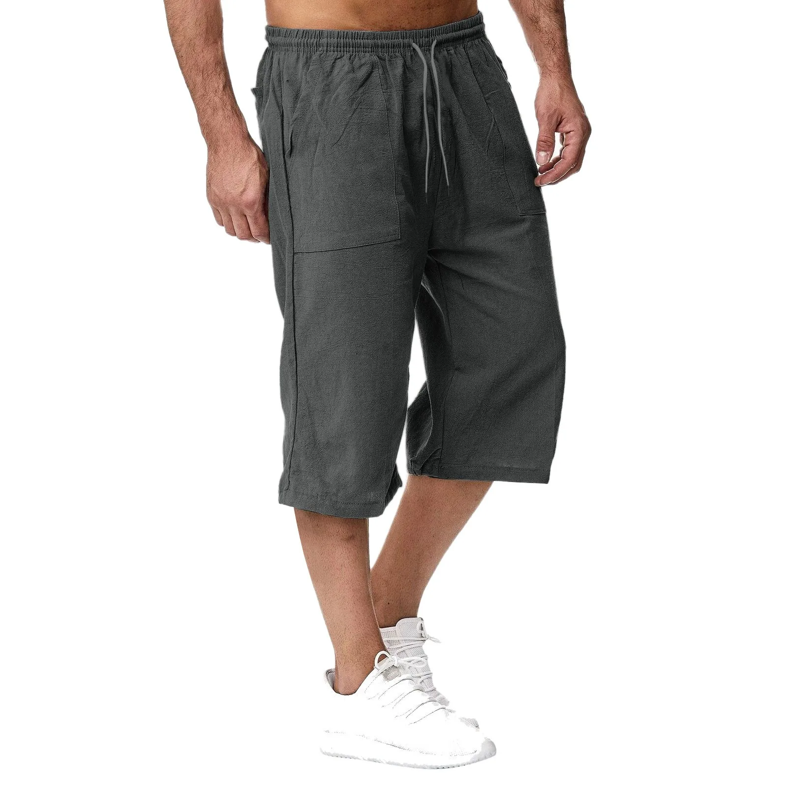 Men's Cotton Linen Shorts Male Summer Breathable Solid Color Vacation Capri Pants Casual Short Trousers Fitness Streetwear