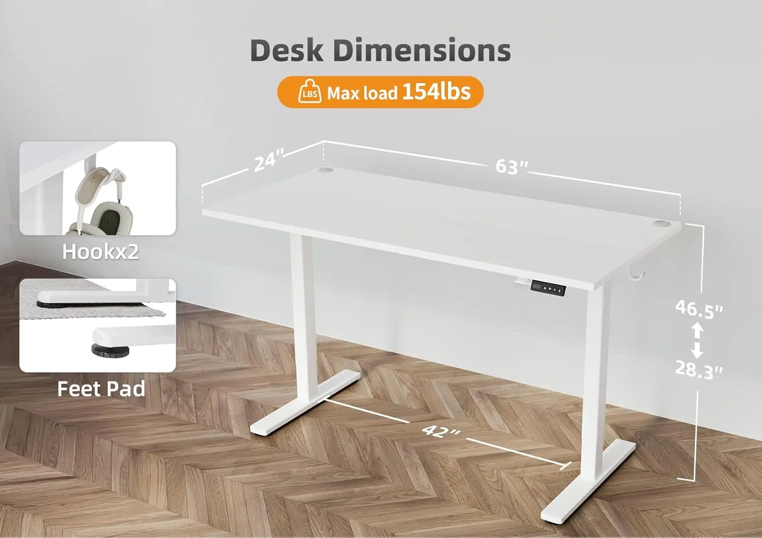 Electric Adjustable Height Desk, 63x24 Inch Standing Desk for Home Office & Computer Workstation, White