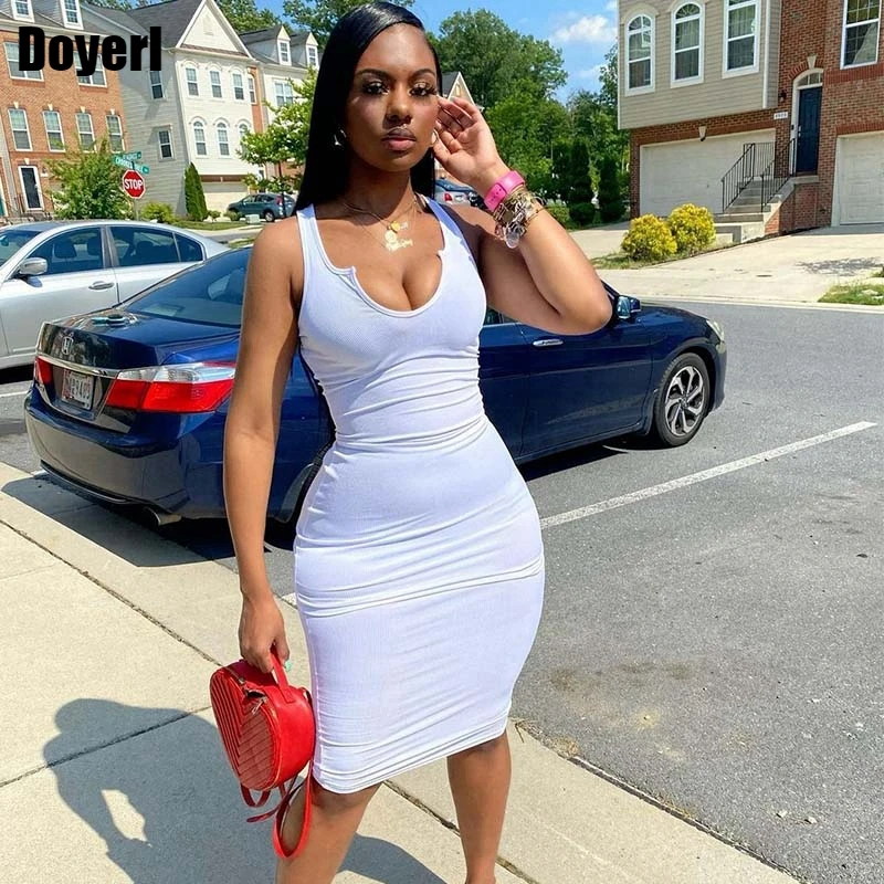 V Neck Ribbed Bodycon Midi Dress Women Streetwear Sheath Slim Solid White Casual Summer Dress 2022 Party Club Dresses for Women