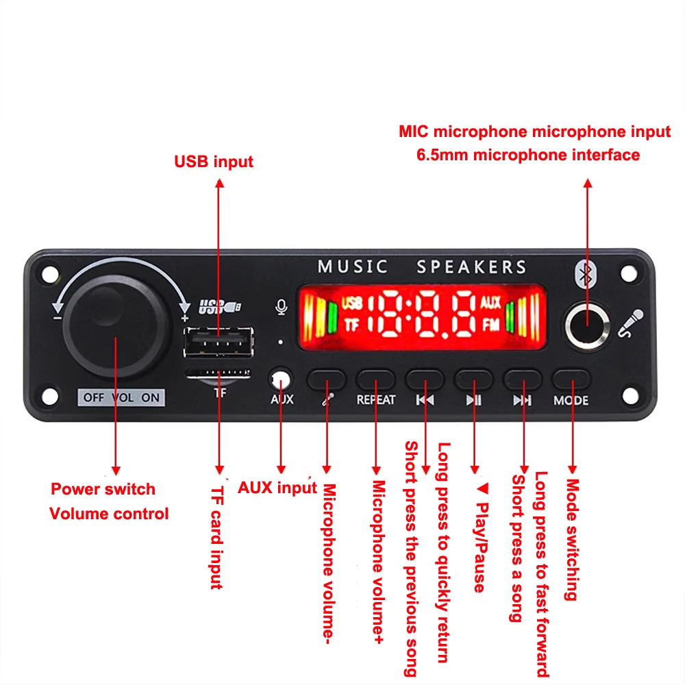 DC12V Bluetooth MP3 Audio Decoder Board DIY Amplifier Module 2*25W Color Screen with Recording FM Reception for Calls