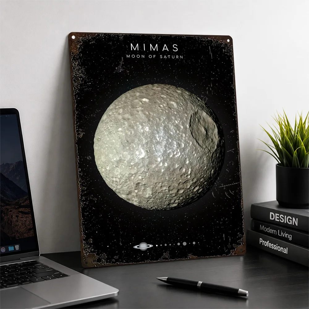 Mimas Moon Of Saturn Aluminum Poster Scientific Illustration Wall Art For Study Personalized Metal Sign Astronomy Lover Gift