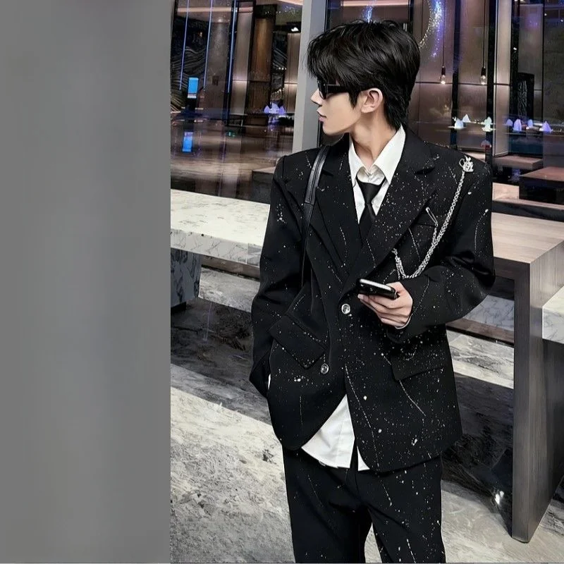 

Black Sequin Chain Design Three-Piece Suit for Men Stage Performance Fashionable Elegant Style Autumn Standard Fit Polyester ...