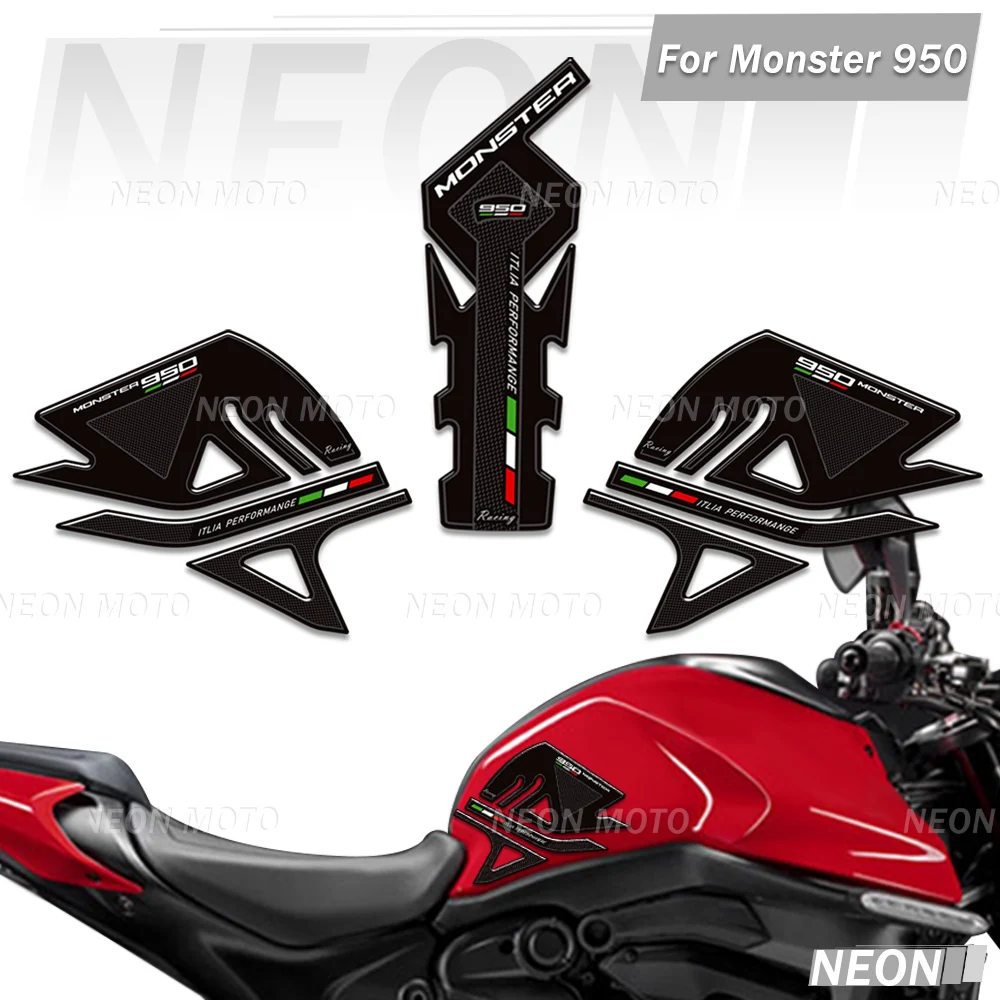 

Для мотоцикла Monster 950, 3D накладки на бак из эпоксидной смолы, противоскользящие защитные наколенники, наклейки, комплект наклеек