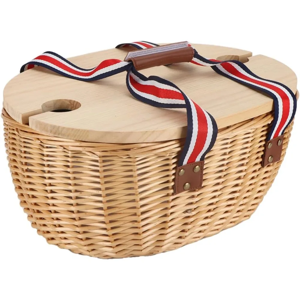 Wicker Picnic Baskets Set with Country Style Insulated Cooler Bag with Cutlery Service Kits with Wooden Lids