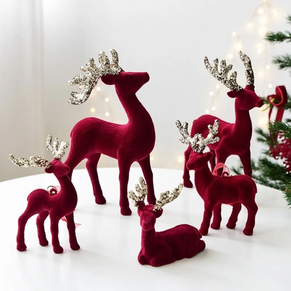 Hanging Pendant Christmas Reindeer Ornaments Wine Red Flashing Powder Deer Ornaments Mini Flocking Elk Ornament Christmas Party