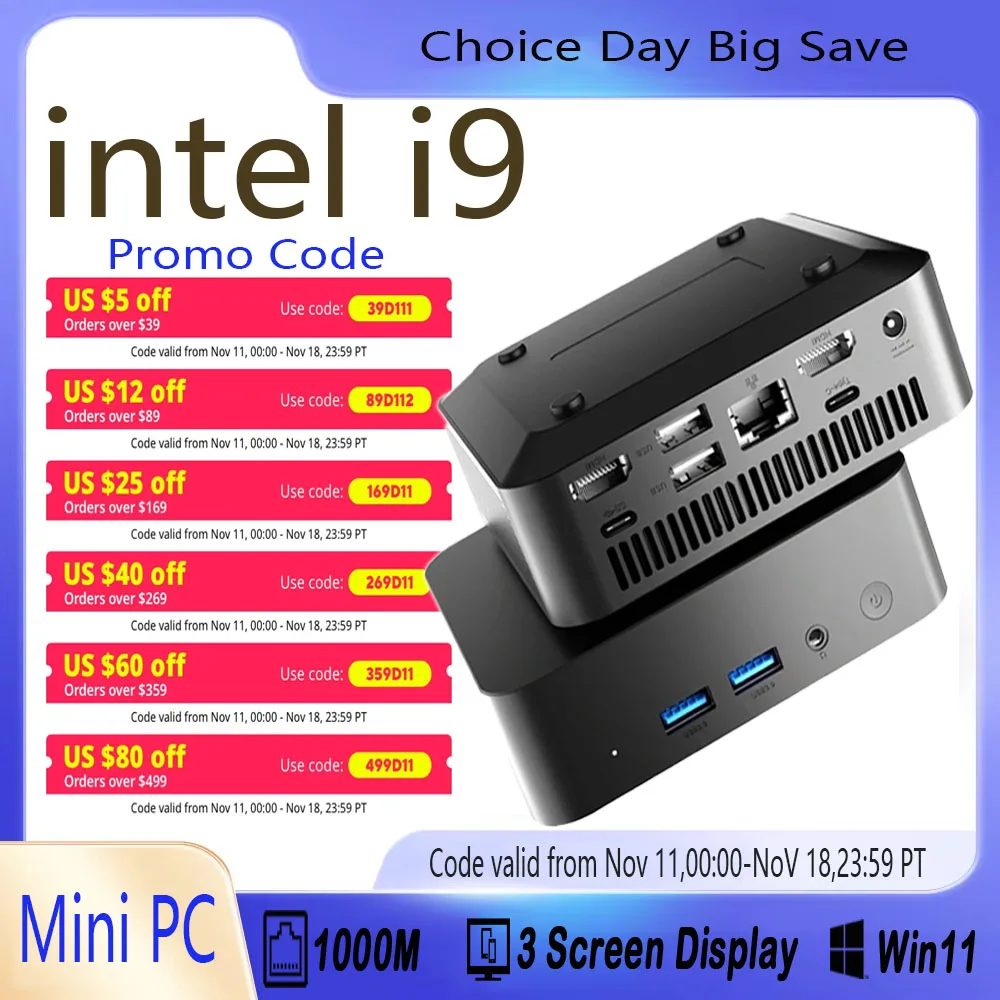 Intel Core i9- 8950HK  Mini PC  Windows 11 Pro Gaming 512GB M.2 SSD 16GB DDR4 1TB 2TB UHD Graphics 1000Mbps Ethernet i9 Mini PC