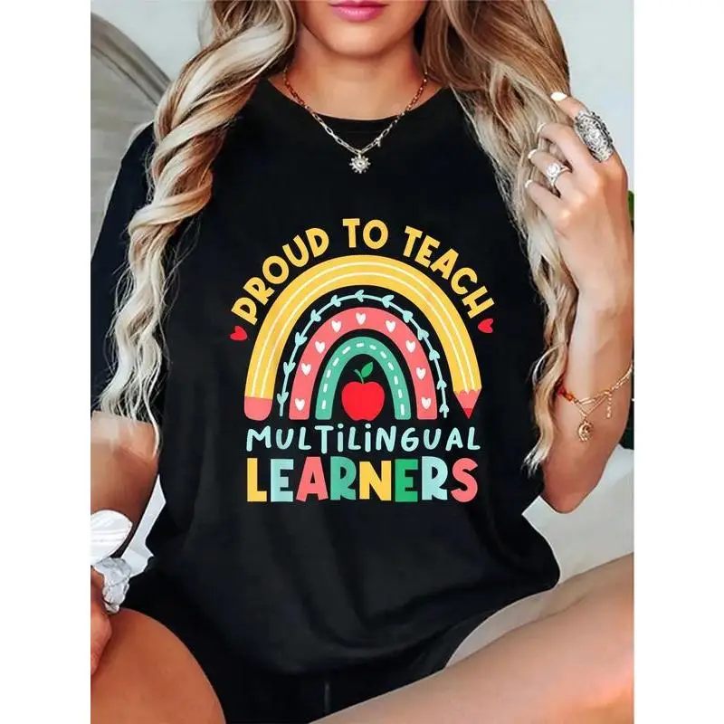 

Teacher T-Shirt Women "Proud To Teach Multilingual Learners" Graphic Tee Appreciation Gift School Staff Cotton Top