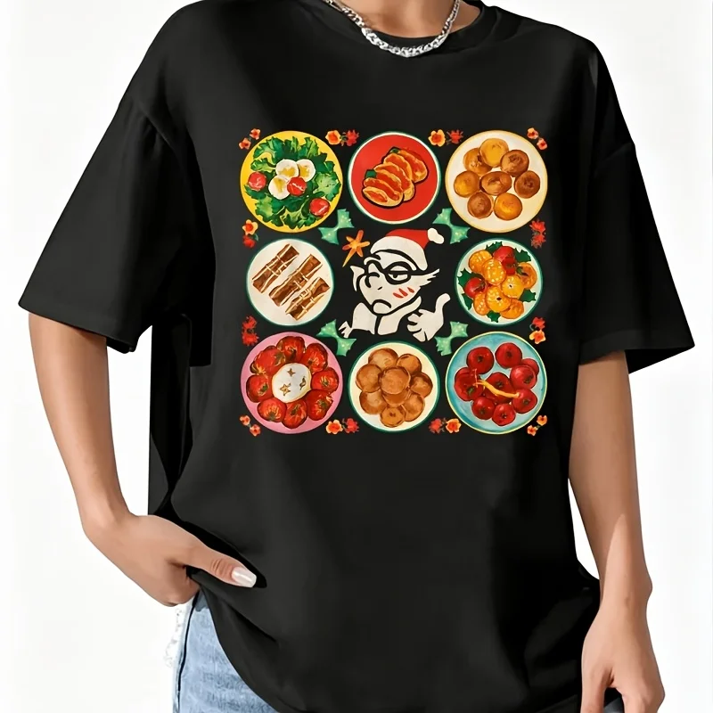 A Wonderful Holiday Filled with Snacks Women's 100% Cotton T-Shirt Short Sleeve Top Casual Round Neck Fun Print Tee S-5Xl
