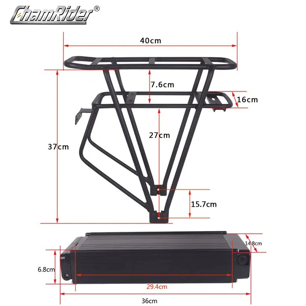 ChamRider-Rear Rack Battery Box, 106 Electric Bike, Double Layer Battery Case, 36V,48V,52V, 10S7P, 13S6P, 14S5P, 16S4P