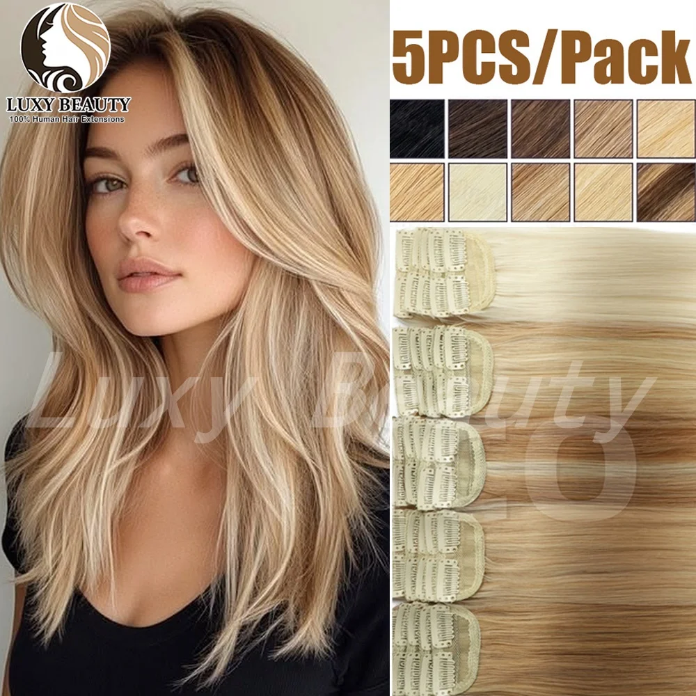 5pieces Straight Short Clip In Hair Extensions Human Hair Invisible Mini Clip in Hairpieces for Women Brown Blonde Clip Ins Hair
