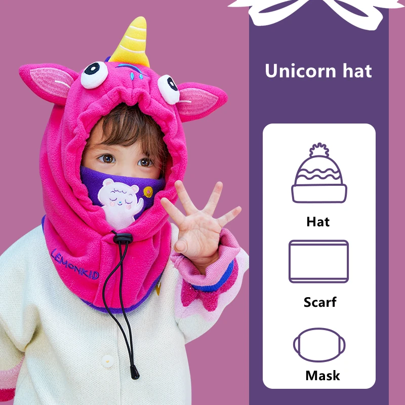 Face Cover Helmet Cap For Children Cold-proof Warm Balaclava Hat Ski Children Thermal Headgear Kids Plush Scarf One Piece Beanie