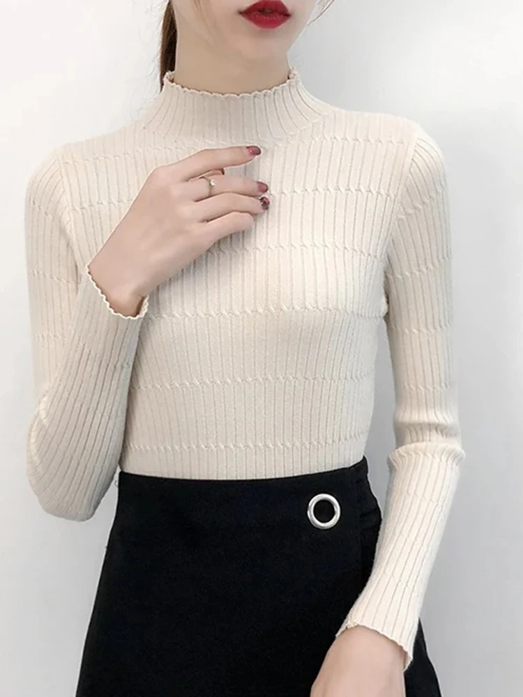 

Turtleneck Knitted Sweater Female Simple Pullovers Ladies Top Fashion Women Korean Jumper Stripe Solid Tops