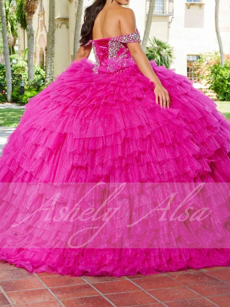 Customized Fuchsia Mexican Quinceanera Dressses Off Shoulder Tiered Ball Gown Vestido De xv Anos Sweet 15 16 Prom Party Wear