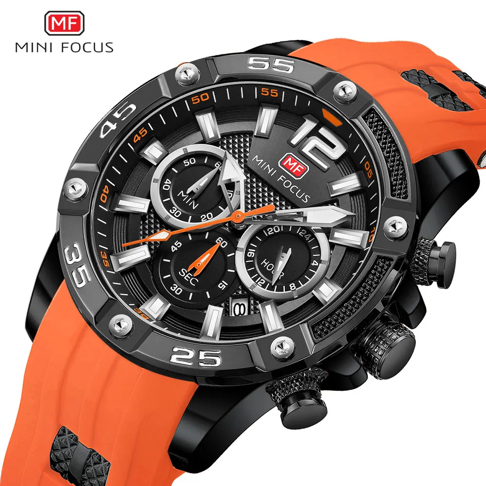 MINI FOCUS Orange Watch for Men Military Sport Chronograph Quartz Wristwatch with Silicone Strap Waterproof Luminous Hands 0349