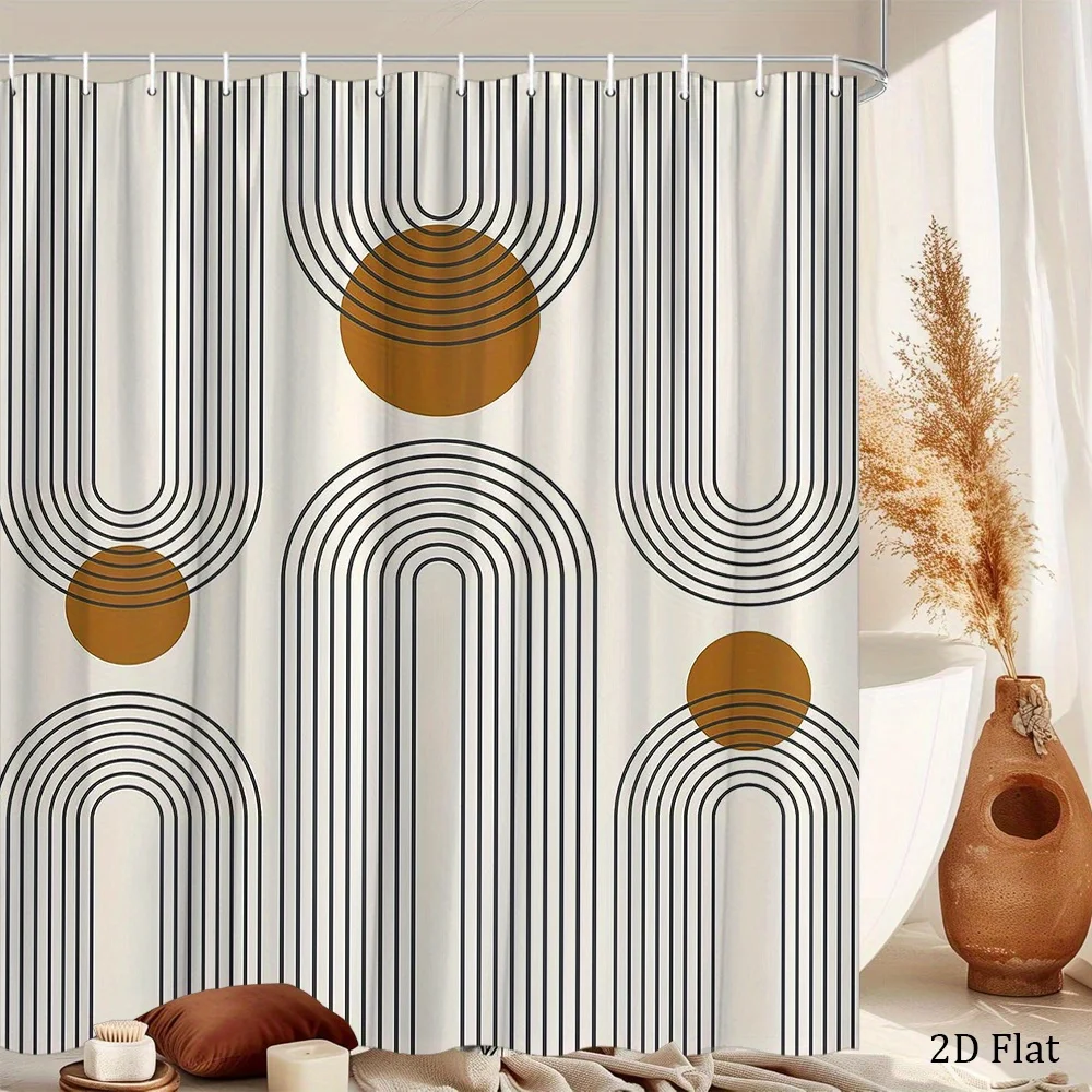 1pc Mid-Century Modern Geometric Shower Curtain with Black Curved Lines & Brown Circles on Beige Background - Stylish Retro Bath