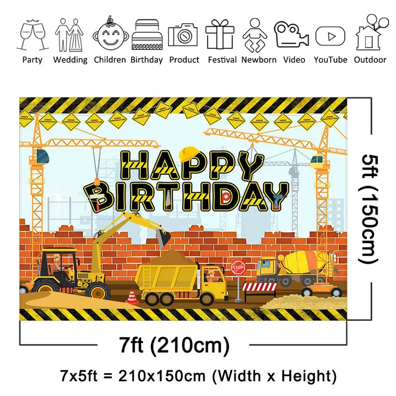 Mocsicka ก่อสร้างธีมงานเลี้ยงวันเกิดการถ่ายภาพฉากหลังสำหรับเด็กรถบรรทุกการถ่ายโอนข้อมูลวันเกิดพื้นหลังเค้กตกแต่งตาราง