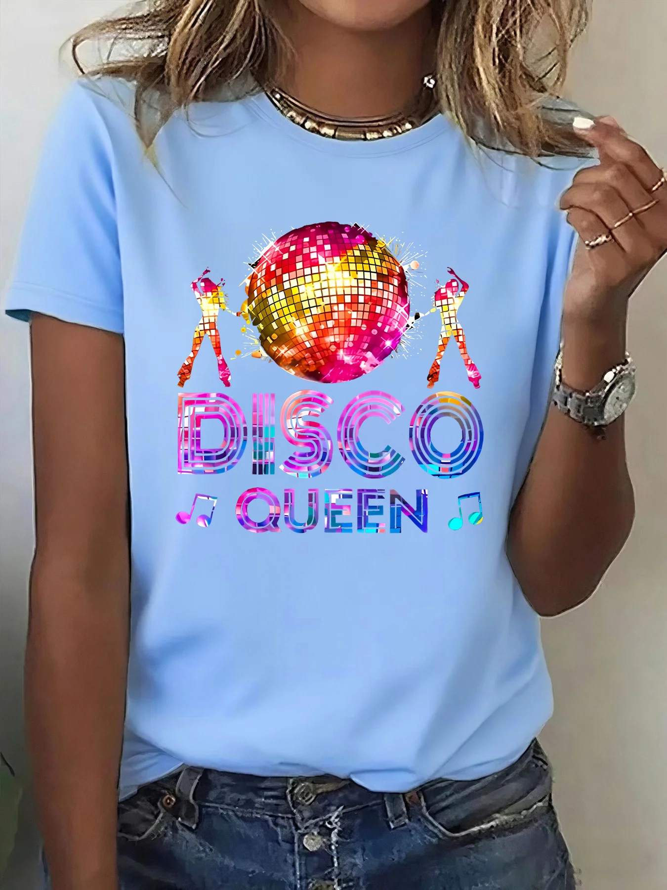 Women Tee Disco Queen Mirror Ball Dancer Retro Music Party Graphic Print Round Neck Short Sleeve Soft Ladies Casual Shirt